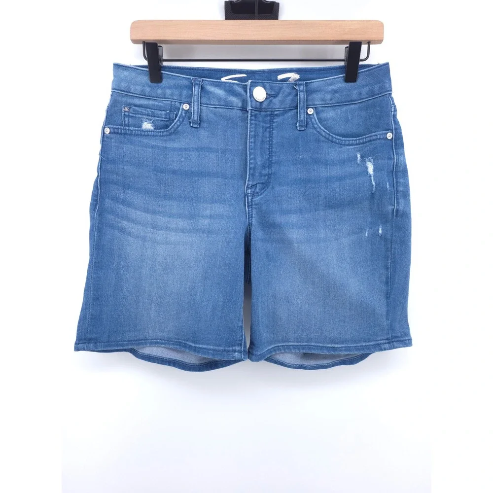 Seven7 Women Denim Shorts Size 6 Blue Bermuda Distressed‎ Stretch